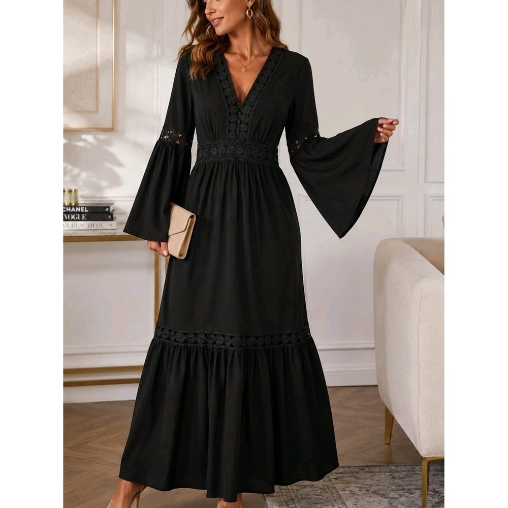 NWT Romeo + Juliet Couture Black Boho Maxi Dress M MSRP $218 Bell Sleeve